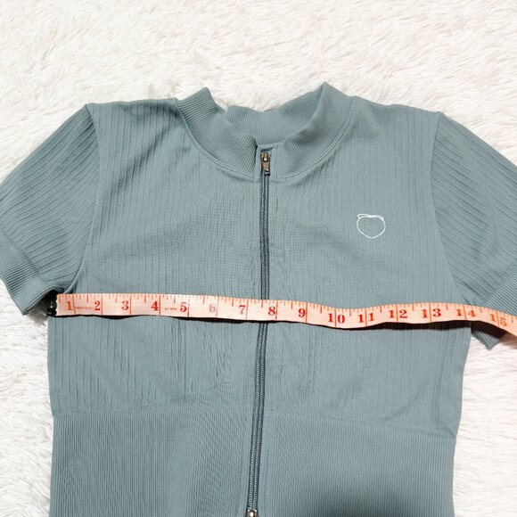 Women Ribbed Front Zipper Short Sleeve Crop Top in Green Teal Size Large - Picture 2 of 6